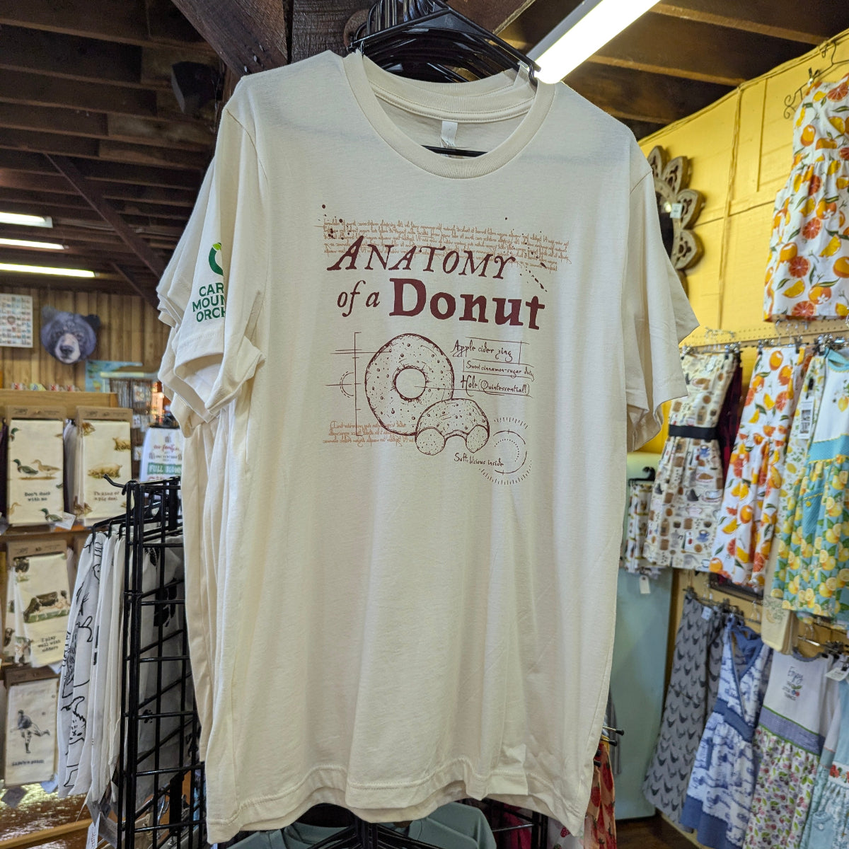 Cream t-shirt with 'Anatomy of a Donut' design in a store setting