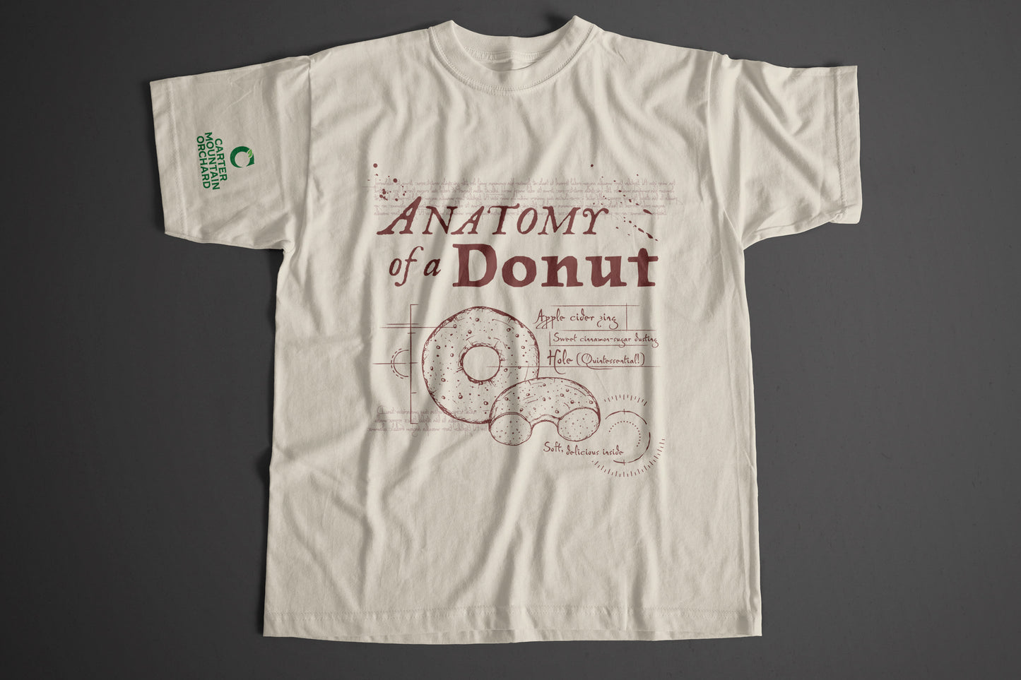 Beige t-shirt with 'Anatomy of a Donut' design on a gray background
