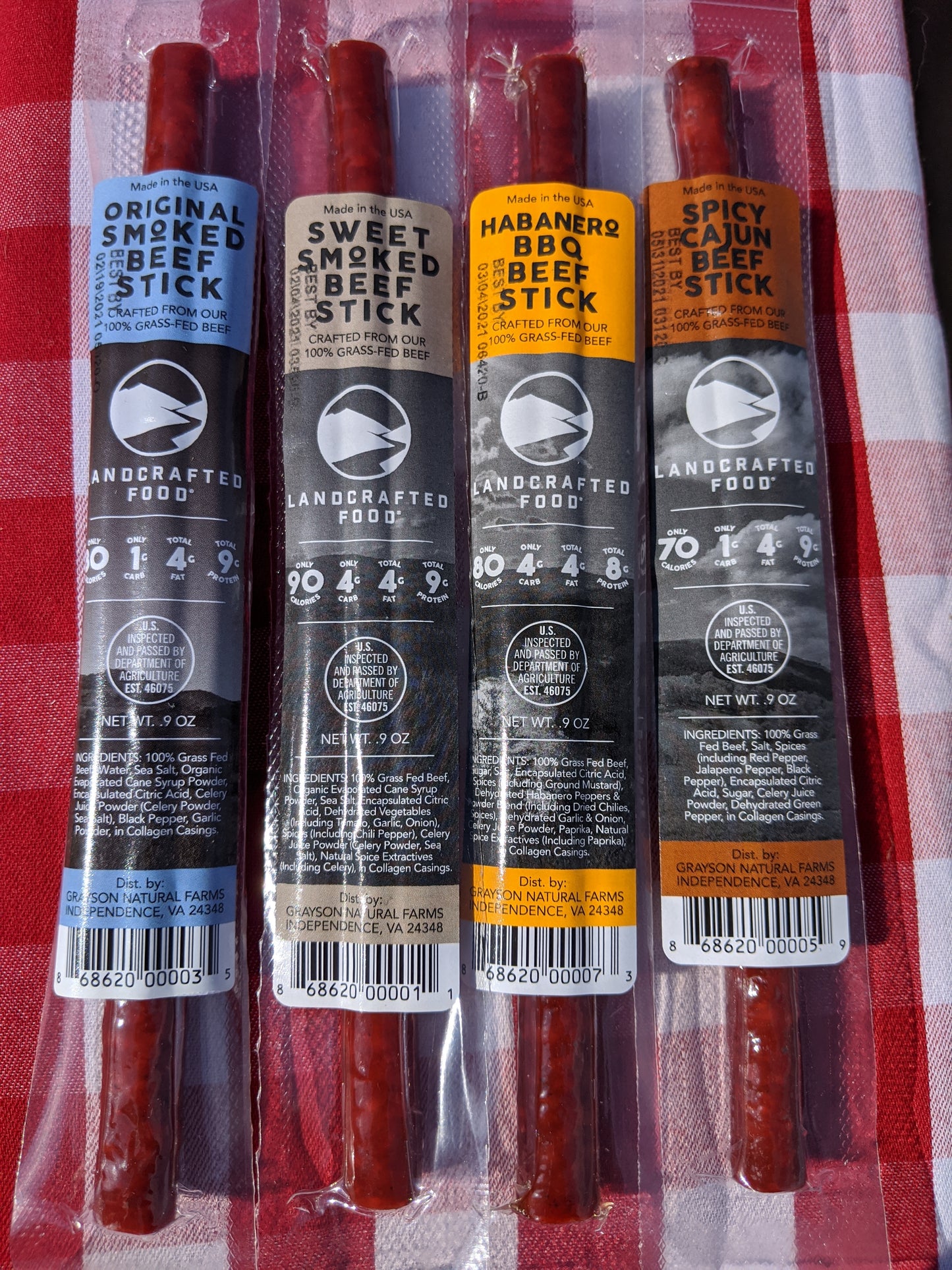 Original Beef Sticks, Sweet Smoked Beef Sticks, Habanero BBQ Beef Sticks, Spicy Cajun Beef Sticks