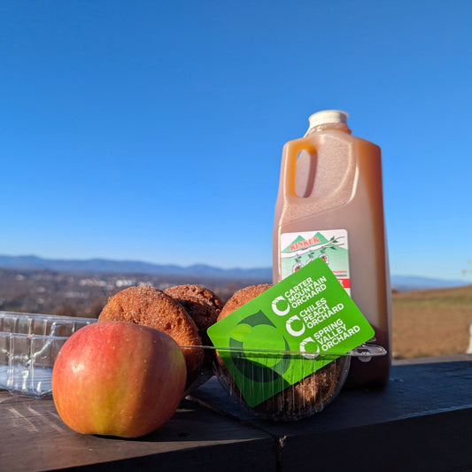 Chiles Family Orchards gift card paired with a fresh apple, donuts, and fresh-pressed apple cider
