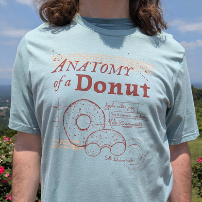 Man wearing a blue t-shirt with an Anatomy of a Donut graphic